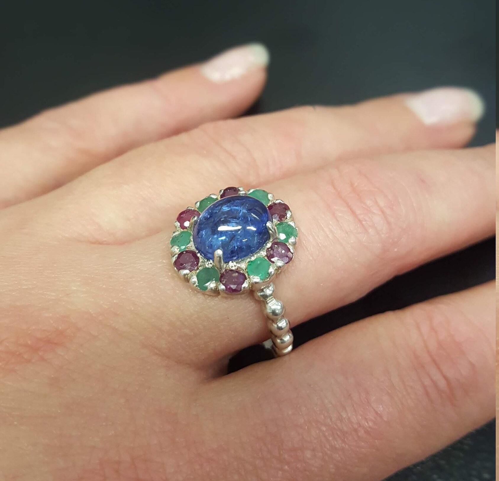 Tanzanite Ring, Natural Tanzanite, Ruby Ring, Emerald Ring, Victorian Ring, Unique Stone Ring, December Birthstone, Silver Ring, Tanzanite