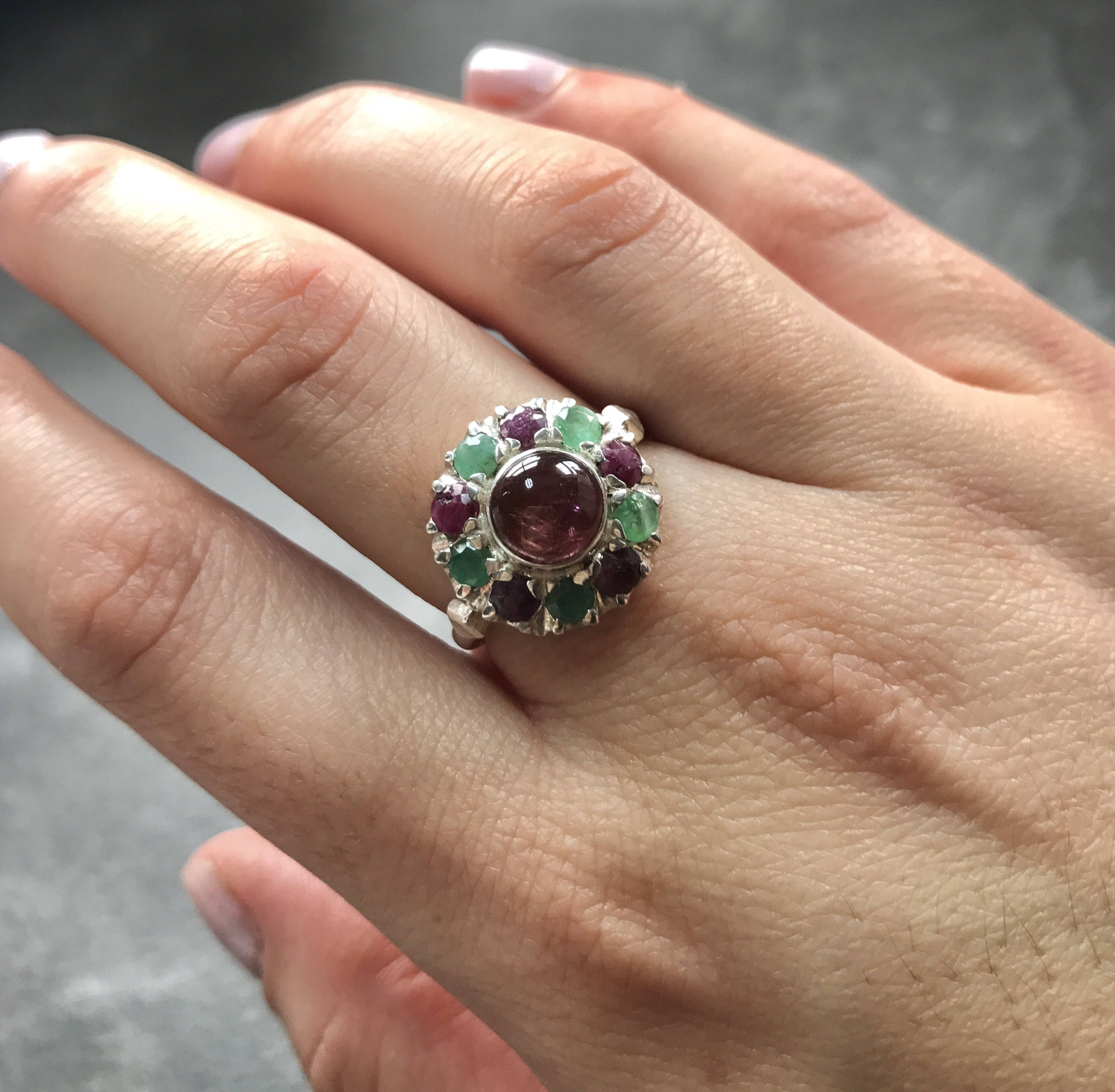 Pink Tourmaline Ring, Natural Emerald Ring, Natural Ruby Ring, Vintage Silver Ring, Victorian Ring, Pink Vintage Ring, Pink Tourmaline, Ruby