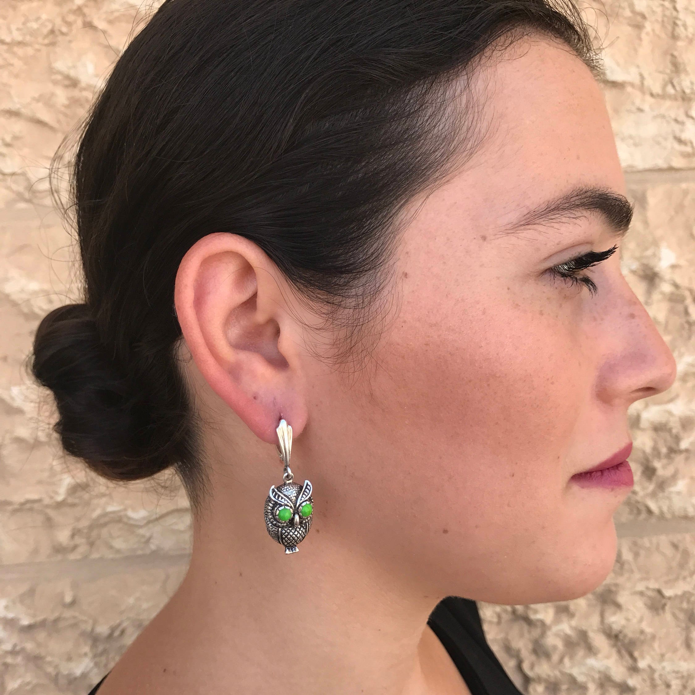 Owl Earrings Turquoise, Natural Turquoise, Animal Earrings, Real Turquoise, Solid Silver Earrings, December Birthstone, Green Turquoise