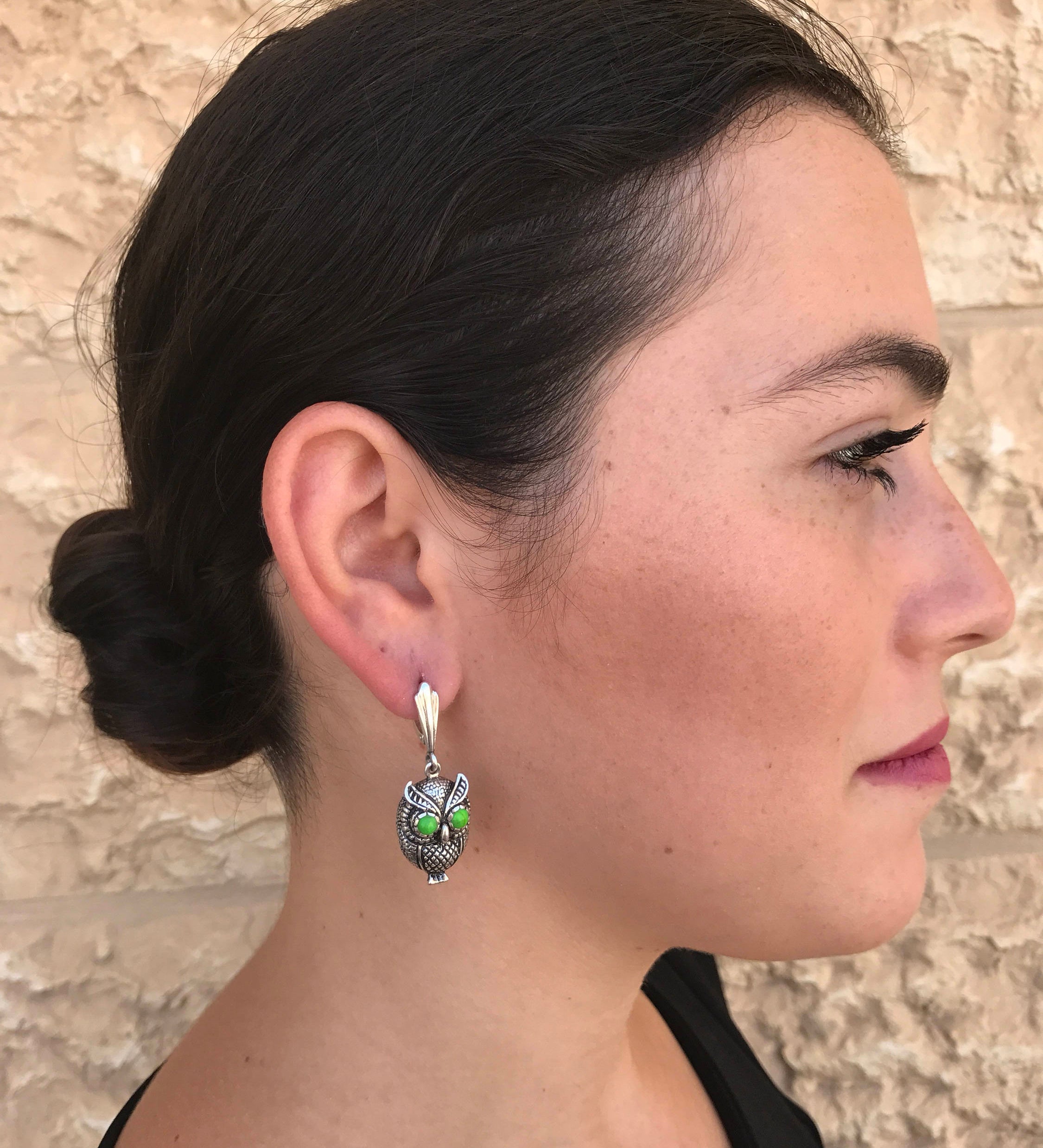 Owl Earrings Turquoise, Natural Turquoise, Animal Earrings, Real Turquoise, Solid Silver Earrings, December Birthstone, Green Turquoise
