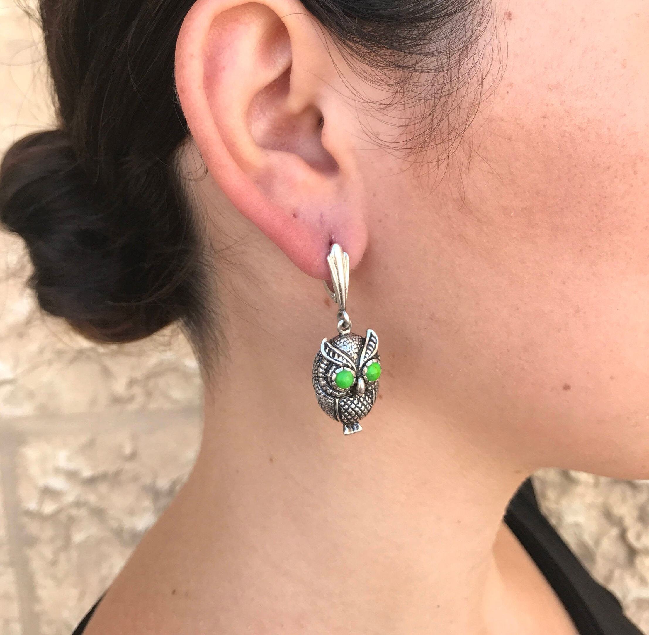 Owl Earrings Turquoise, Natural Turquoise, Animal Earrings, Real Turquoise, Solid Silver Earrings, December Birthstone, Green Turquoise