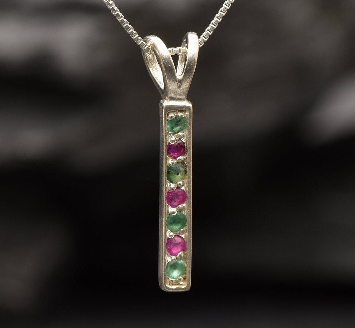 Emerald Ruby Pendant, Bar Necklace, Gemstone Pendant, Natural Emerald, Natural Ruby, Layered Necklace, Minimalist Necklace, Solid Silver