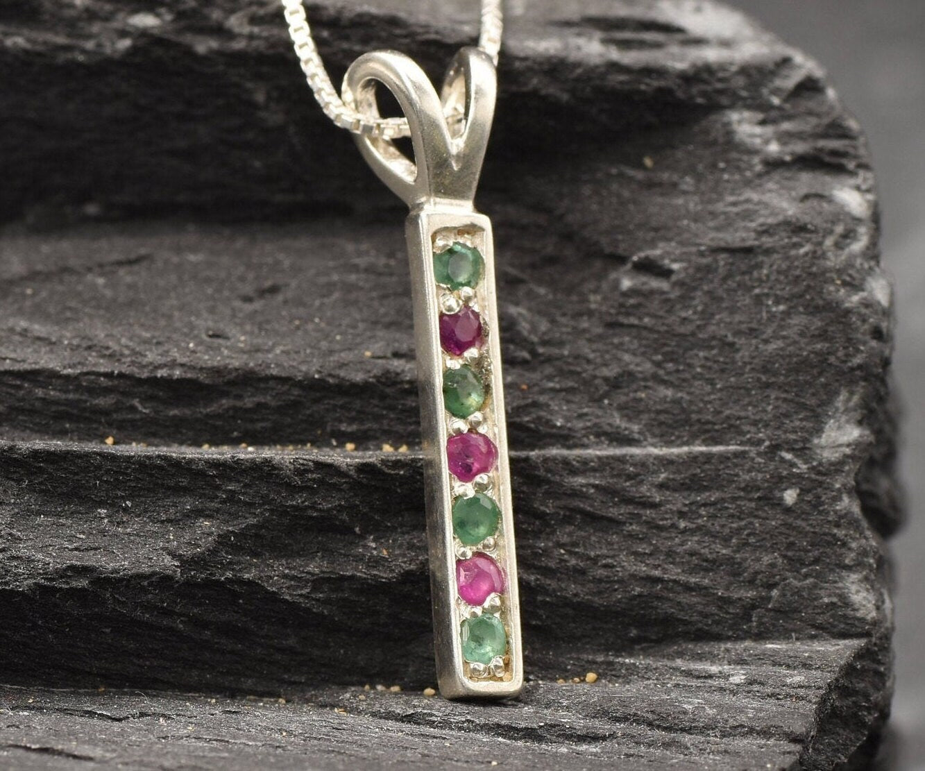 Emerald Ruby Pendant, Bar Necklace, Gemstone Pendant, Natural Emerald, Natural Ruby, Layered Necklace, Minimalist Necklace, Solid Silver