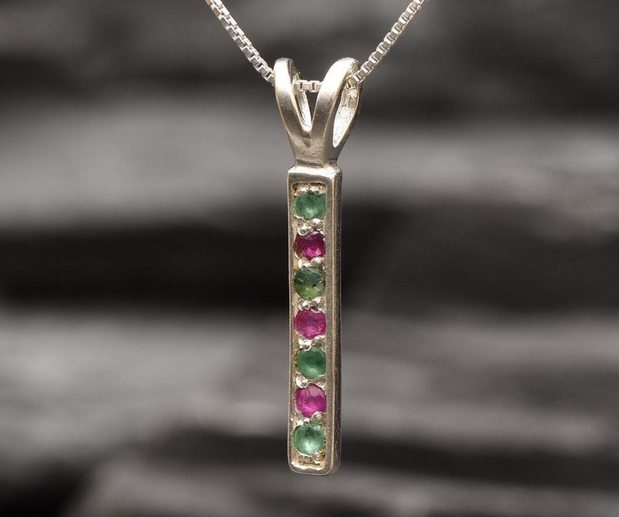 Emerald Ruby Pendant, Bar Necklace, Gemstone Pendant, Natural Emerald, Natural Ruby, Layered Necklace, Minimalist Necklace, Solid Silver