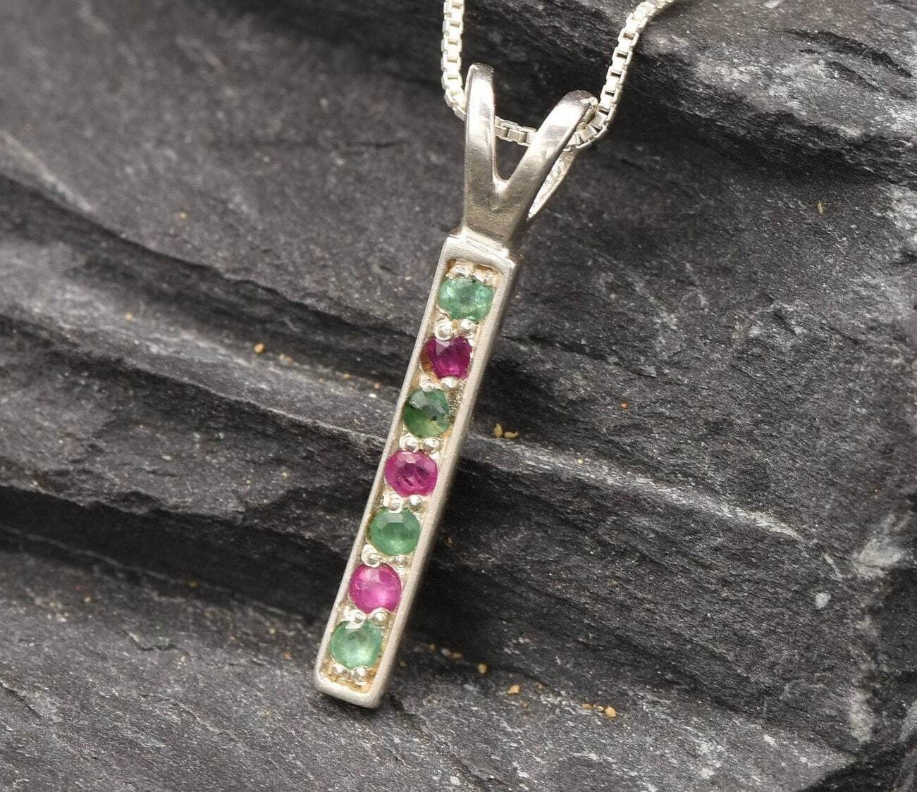 Emerald Ruby Pendant, Bar Necklace, Gemstone Pendant, Natural Emerald, Natural Ruby, Layered Necklace, Minimalist Necklace, Solid Silver