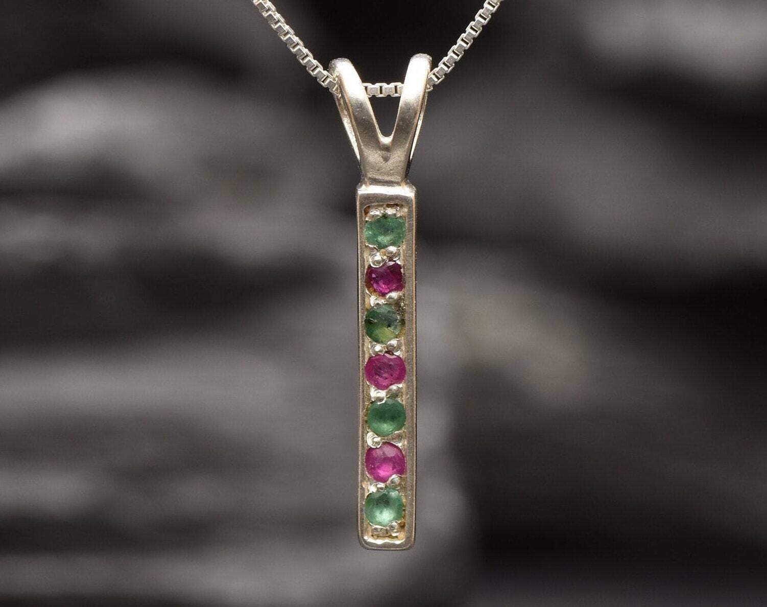 Emerald Ruby Pendant, Bar Necklace, Gemstone Pendant, Natural Emerald, Natural Ruby, Layered Necklace, Minimalist Necklace, Solid Silver