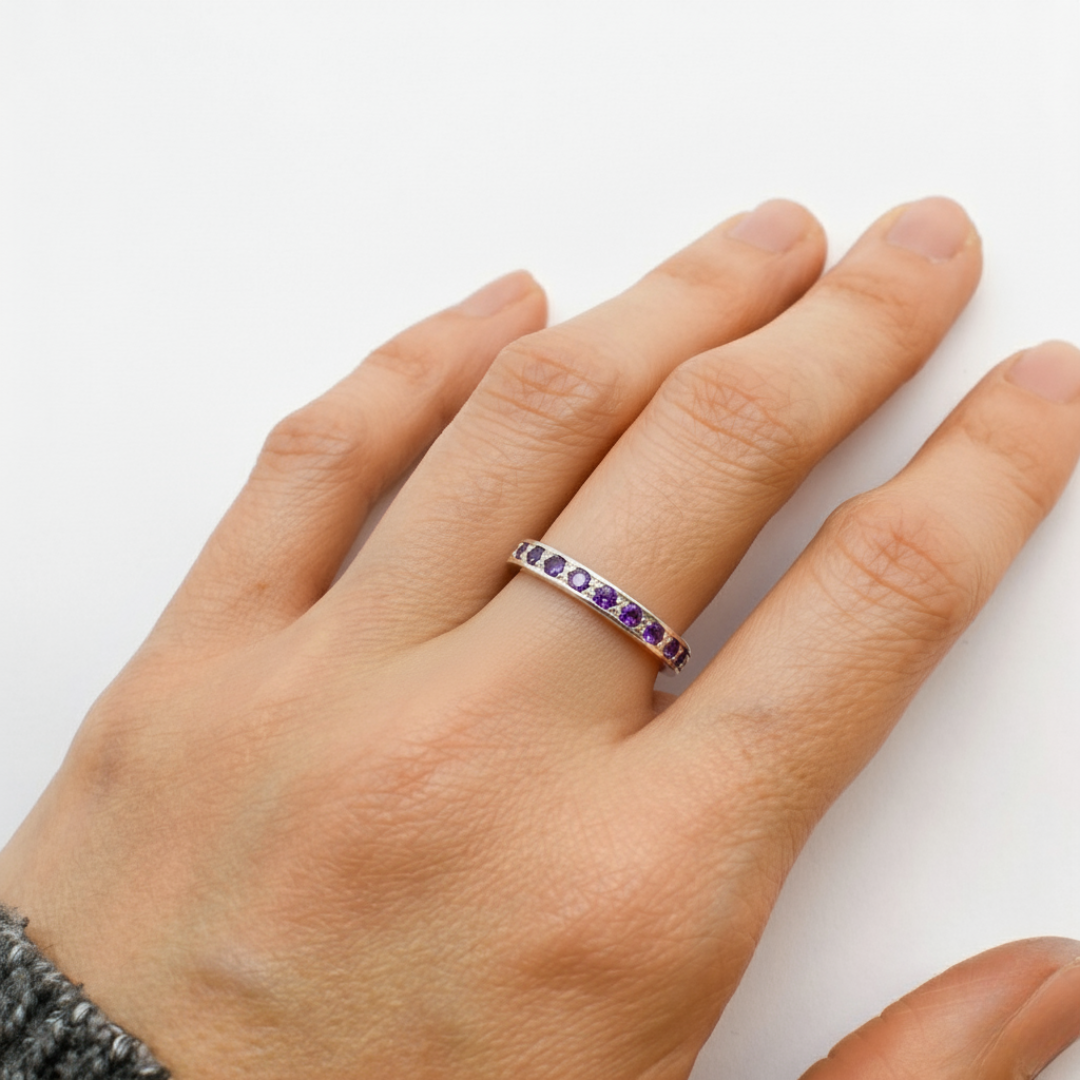 Stunning 925 Sterling Silver Natural Amethyst Ring, featuring a round purple amethyst in a stylish channel-set design.