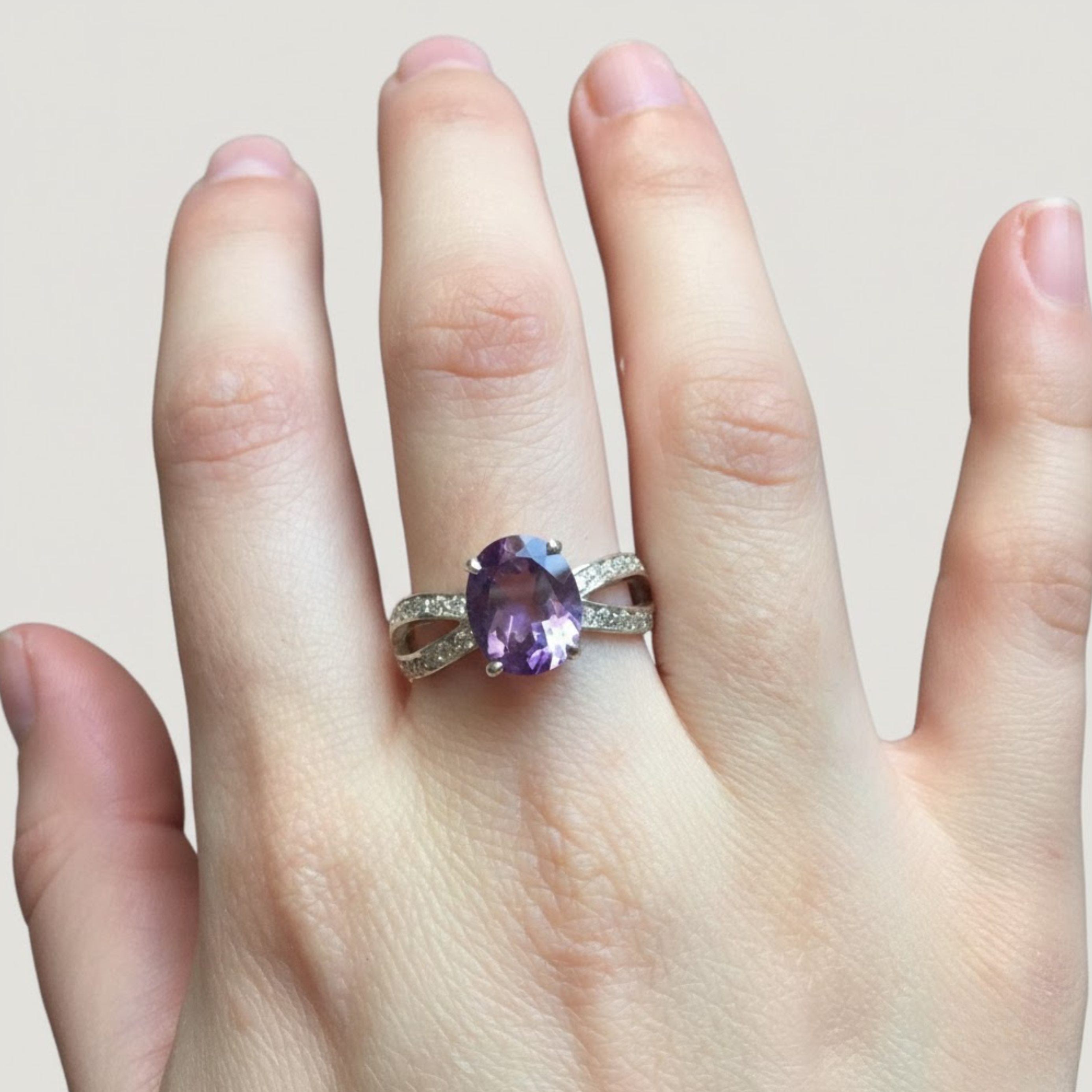 Elegant 925 Sterling Silver Amethyst Ring with round purple stone, ideal for birthdays and special occasions.