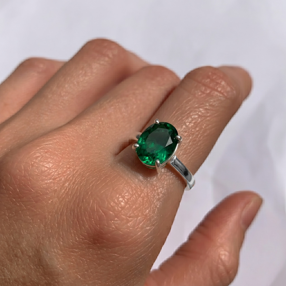 Sterling Silver Created Emerald Ring with Oval Gem, perfect May birthstone gift for daily wear and special occasions.