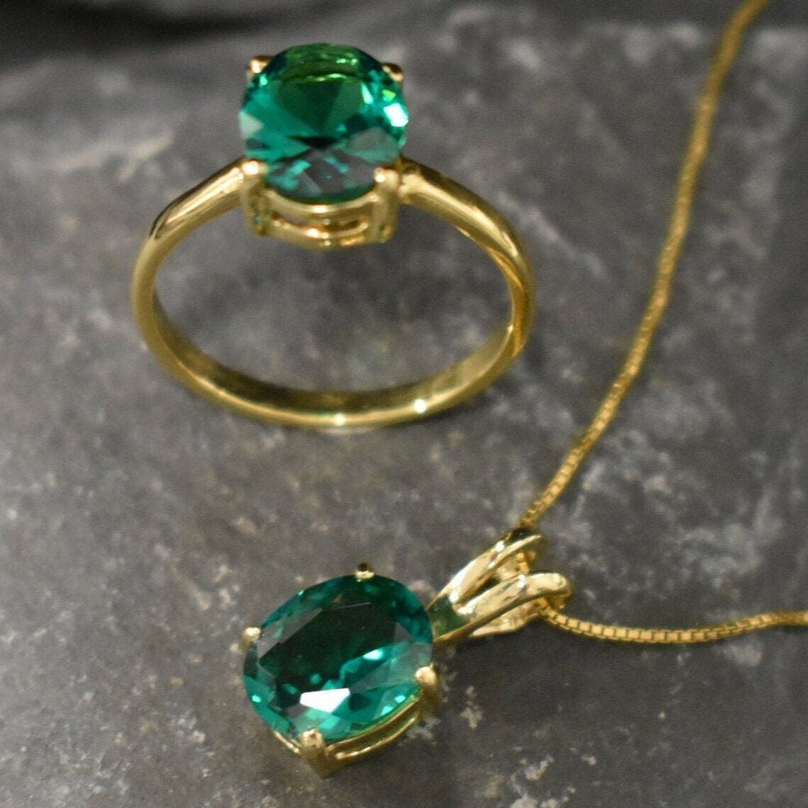Charming 18k Gold Vermeil Ring featuring an Oval Created Green Emerald, a delightful gift for May birthdays and casual wear.