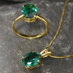 Charming 18k Gold Vermeil Ring featuring an Oval Created Green Emerald, a delightful gift for May birthdays and casual wear.