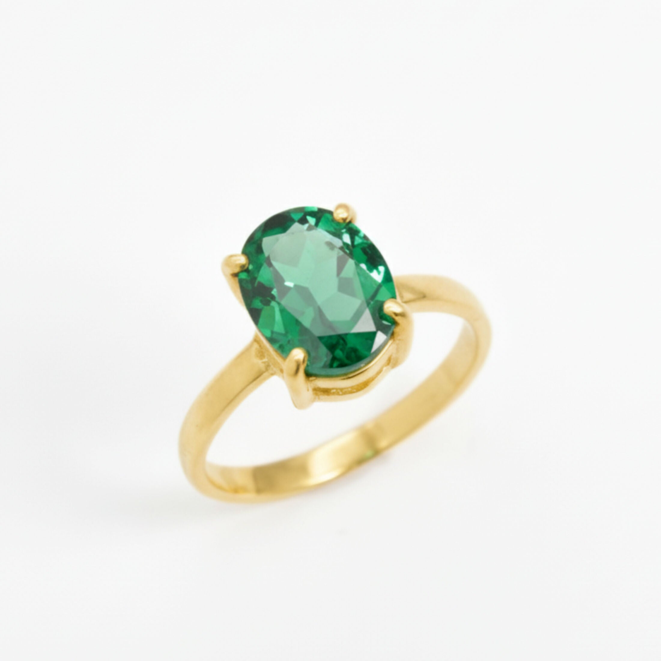 Created Emerald Ring made in 18k Gold Vermeil with Oval Created Green Emerald in Prong setting, May Birthstone gift idea, symbolizes, ideal for everyday wear and perfect for birthday gifting and special occasions.