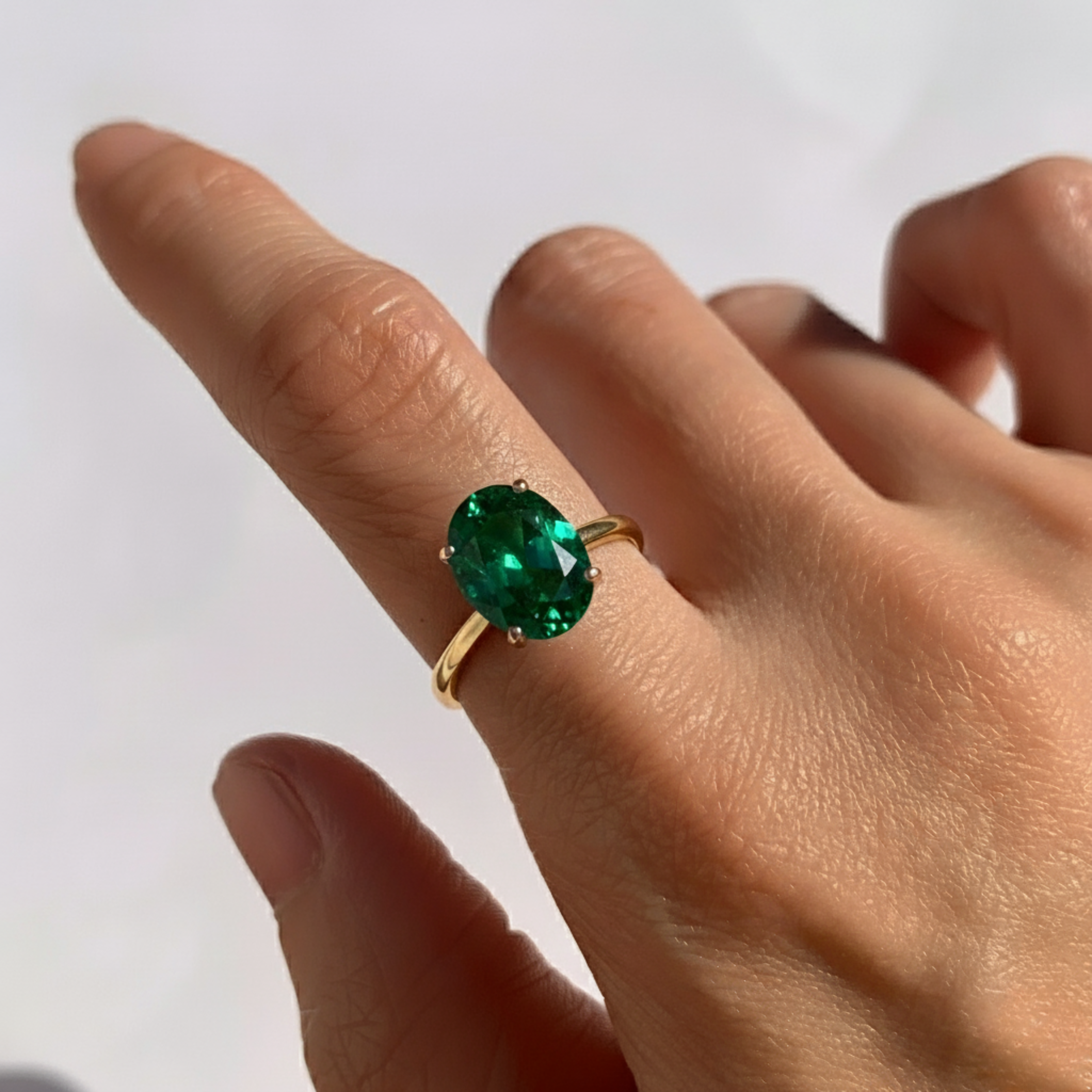 Elegant Emerald Ring in 18k Gold Vermeil with Oval Created Green Emerald, perfect for May birthdays and special occasions.