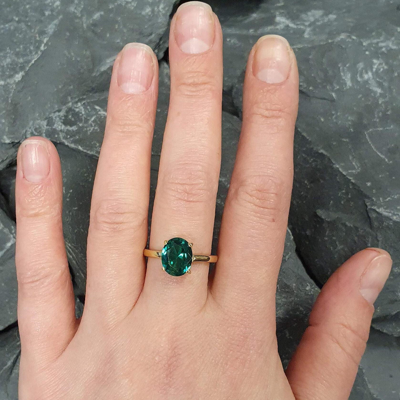 Chic 18k Gold Vermeil Emerald Ring showcasing an Oval Created Green Emerald, ideal for daily wear and special occasions.