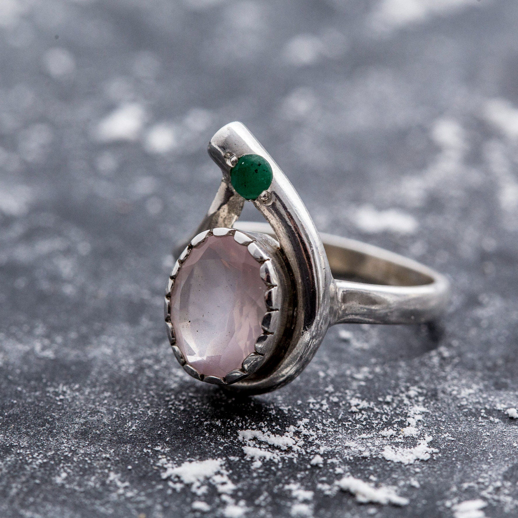 Rose Quartz Ring, Natural Rose Quartz, Natural Emerald, Vintage Ring, Pink Ring, January Birthstone, Solid Silver Ring, Emerald, Rose Quartz