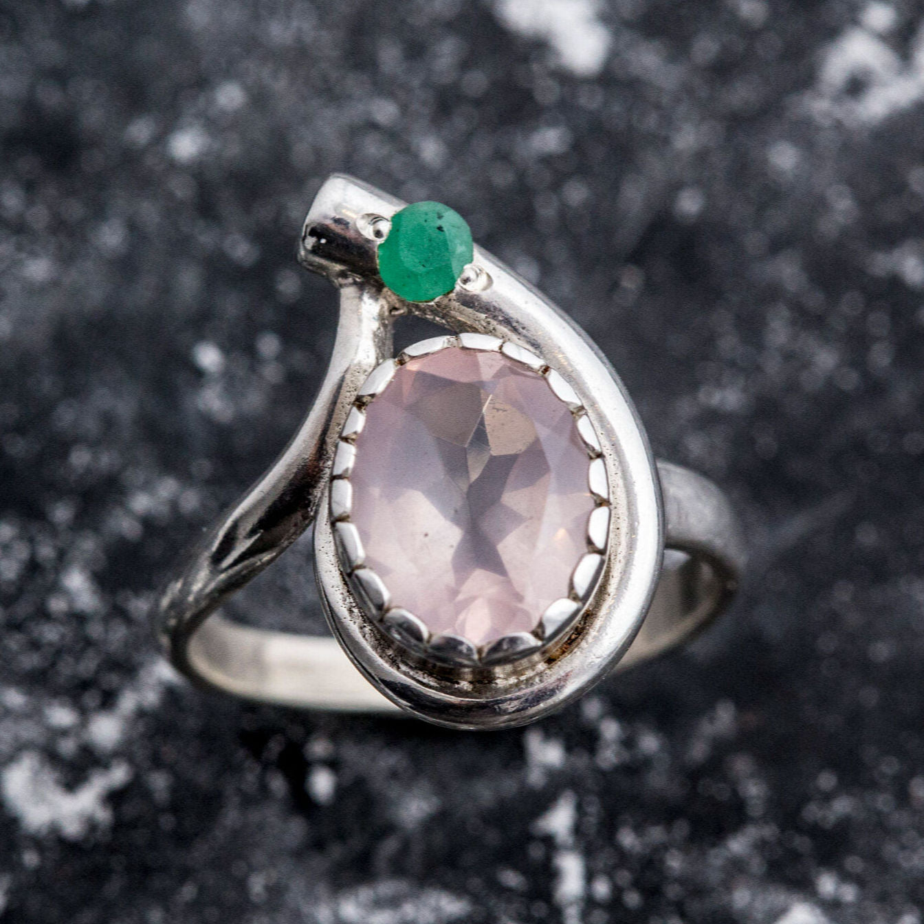 Rose Quartz Ring, Natural Rose Quartz, Natural Emerald, Vintage Ring, Pink Ring, January Birthstone, Solid Silver Ring, Emerald, Rose Quartz