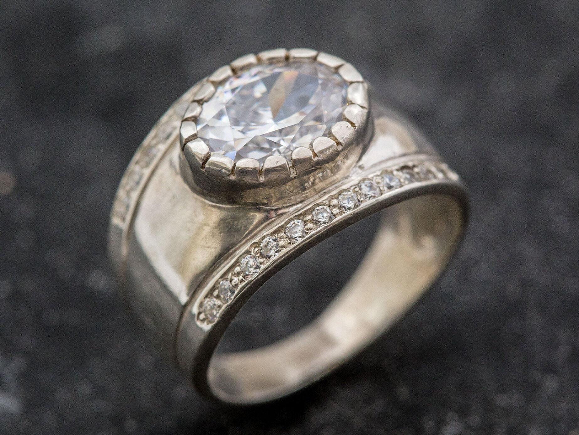 Created Diamond Ring, Diamond Ring, Lab Diamond Ring, Bezel Ring, White Diamond Ring, White Ring, Wide Band Ring, Solid Silver Ring, Diamond
