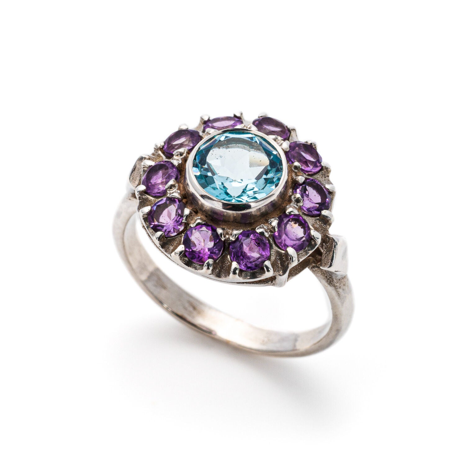 Victorian Ring, Blue Topaz Ring, Amethyst Ring, Birthstone Ring, Round Vintage Ring, Natural Topaz Ring, Round Silver Ring, 925 Silver Ring