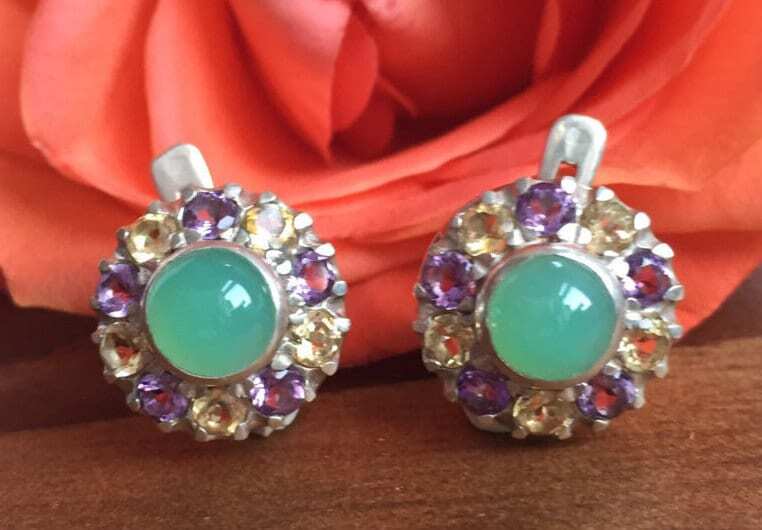 Victorian Earrings, Chrysoprase Earrings, Natural Chrysoprase, Multistone Earrings, May Earrings, Solid Silver Earrings, Amethyst, Citrine