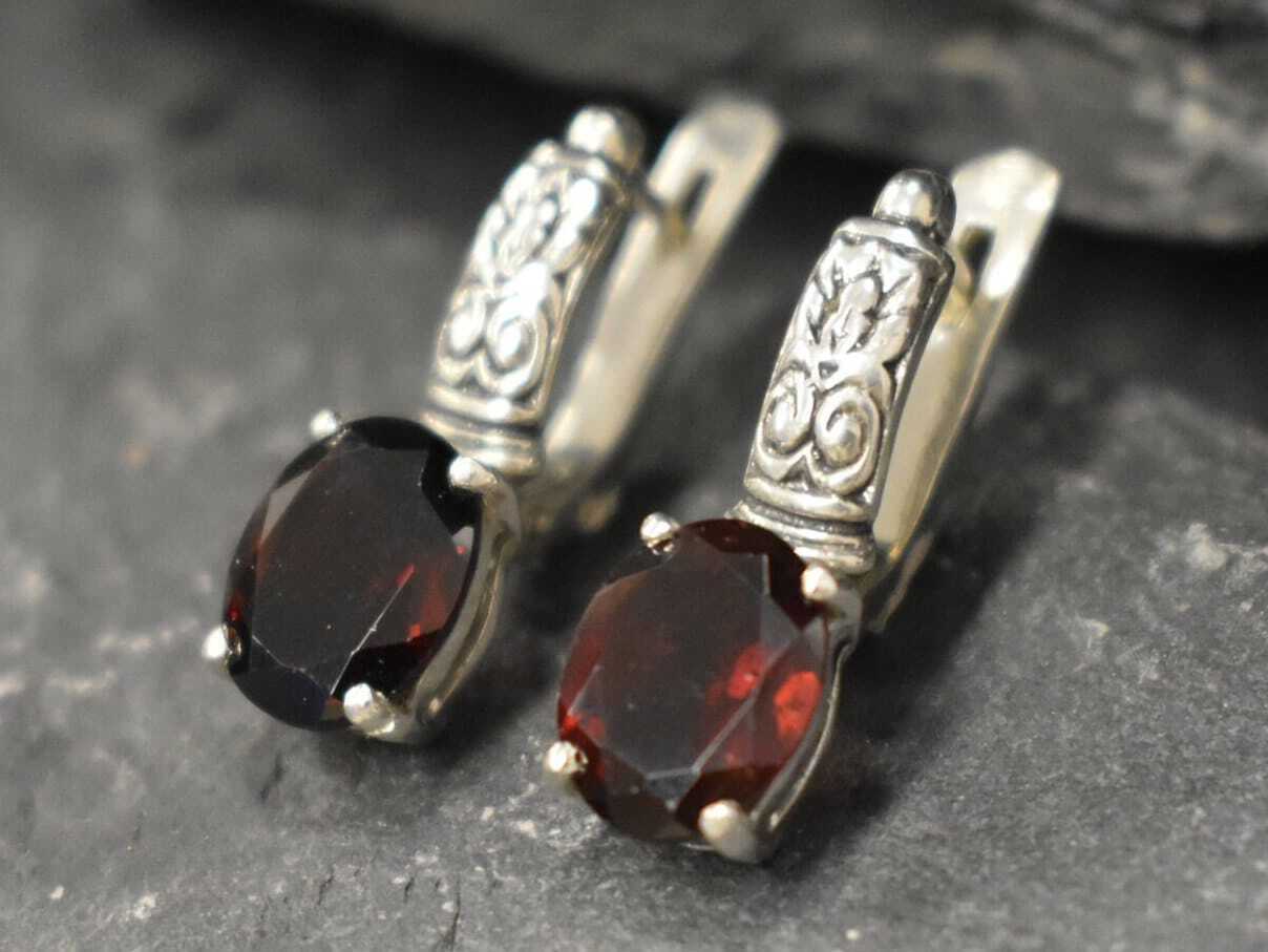 Garnet Earrings, Natural Garnet, Bohemian Earrings, January Birthstone, Boho Earrings, Red Tribal Earrings, Vintage Silver Earrings