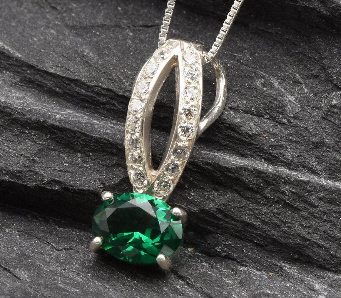 Emerald Pendant, Created Emerald, Sparkly Pendant, Elegant Pendant, Antique Pendant, Dark Green Pendant, Celtic Pendant, 925 Silver Pendant