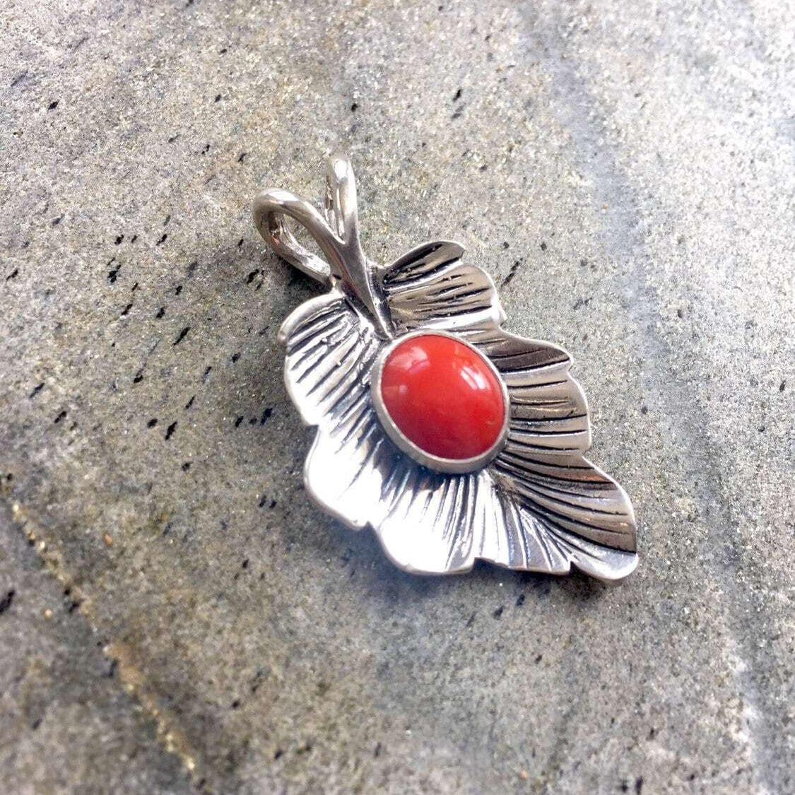 Leaf Pendant, Coral Pendant, Red Coral, Natural Coral, Real Coral, Red Coral Pendant, Pure Silver, Solid Silver Pendant, Natural Stone