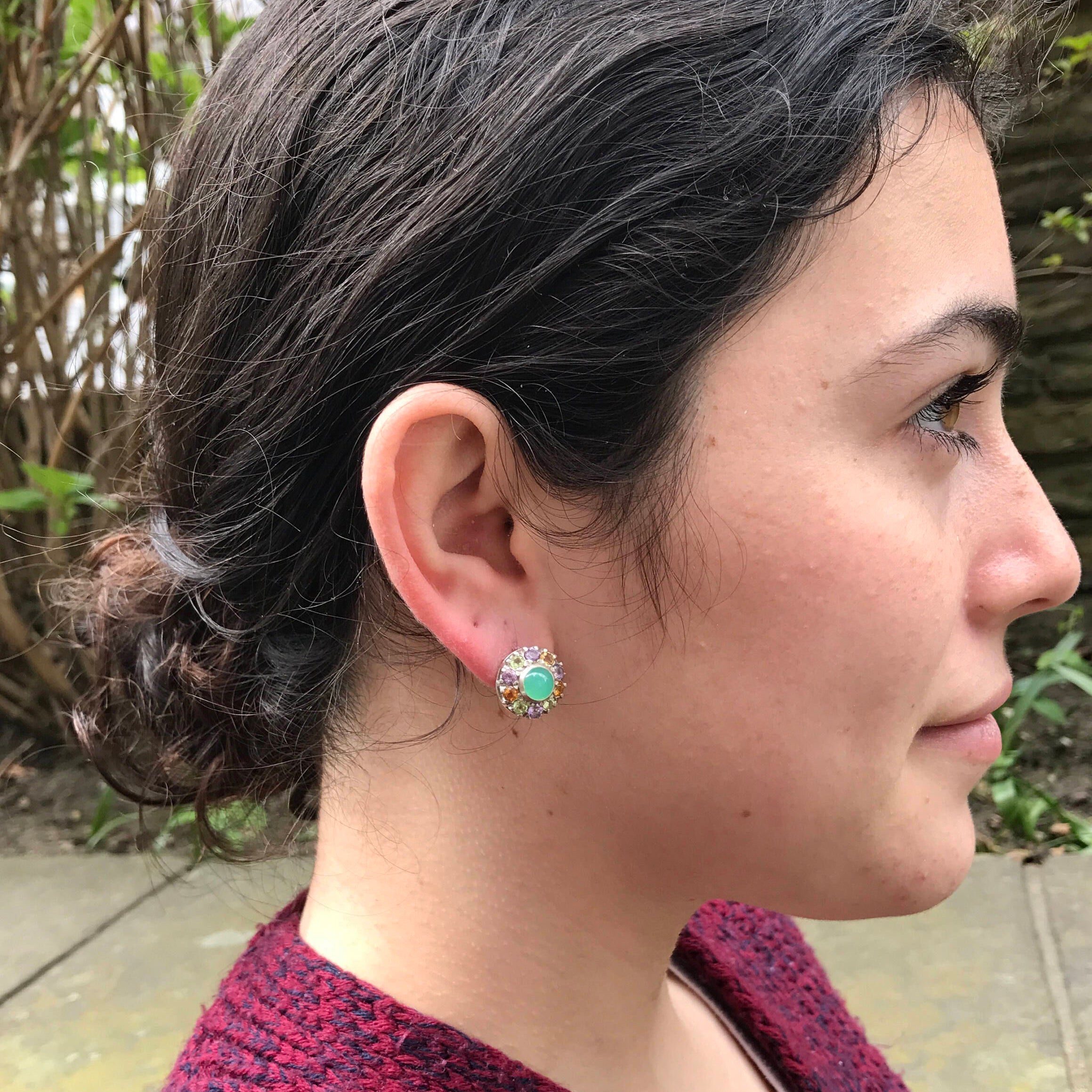 Multistone Earrings, Chrysoprase Earrings, Victorian Earrings, May Birthstone, Green Statement Studs, May Earrings, Solid Silver Earrings