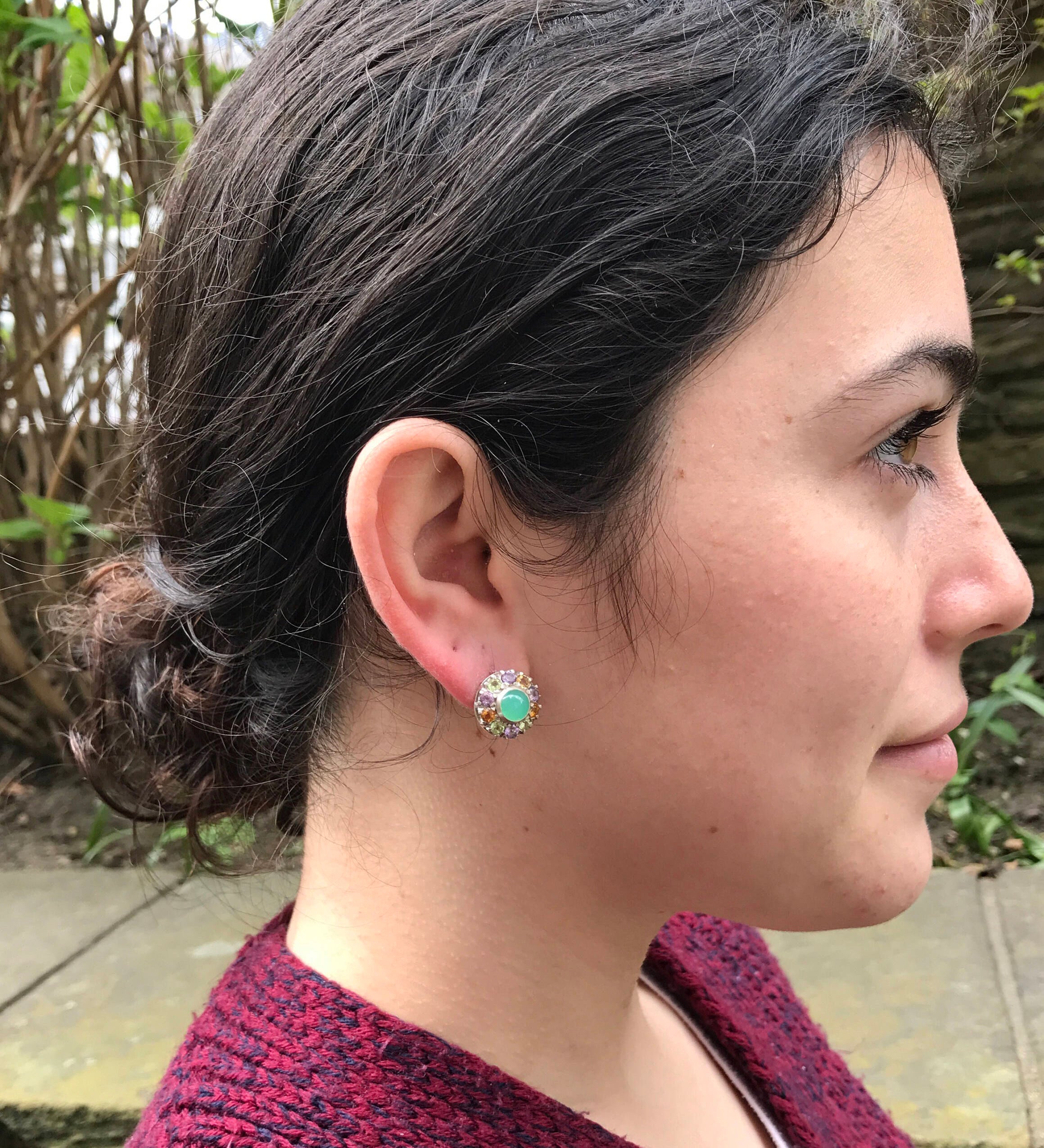 Multistone Earrings, Chrysoprase Earrings, Victorian Earrings, May Birthstone, Green Statement Studs, May Earrings, Solid Silver Earrings
