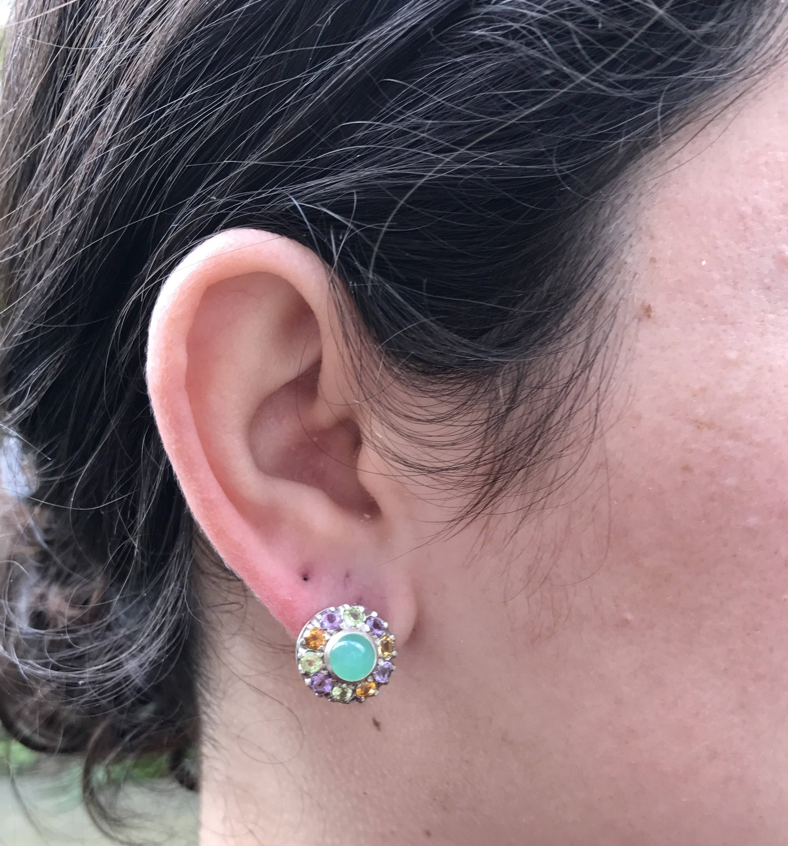 Multistone Earrings, Chrysoprase Earrings, Victorian Earrings, May Birthstone, Green Statement Studs, May Earrings, Solid Silver Earrings