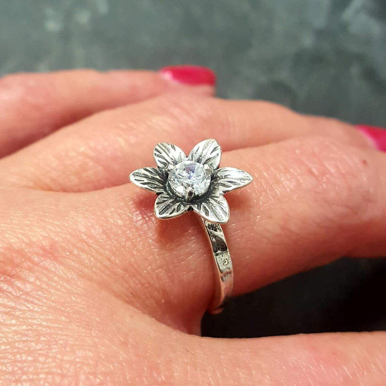 Flower Ring, Diamond Ring, Created Diamond, Silver Flower Ring, Vintage Flower Ring, White Diamond Ring, Sparkly Ring, Solid Silver Ring