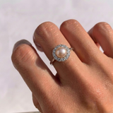 Peach Pearl Ring - Blue Topaz Halo Ring - Natural Pearl Band