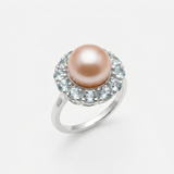 Peach Pearl Ring - Blue Topaz Halo Ring - Natural Pearl Band