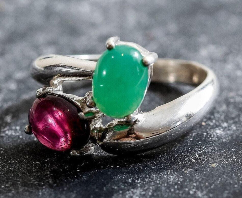Chrysoprase Ring, Garnet Ring, Natural Chrysoprase, Natura Garnet, 2 Stone Ring, Birthstone Ring, Unique Ring, Solid Silver, Chrysoprase