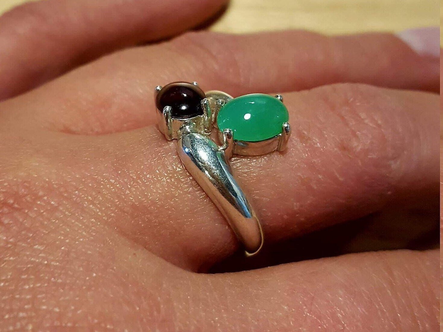 Chrysoprase Ring, Garnet Ring, Natural Chrysoprase, Natura Garnet, 2 Stone Ring, Birthstone Ring, Unique Ring, Solid Silver, Chrysoprase