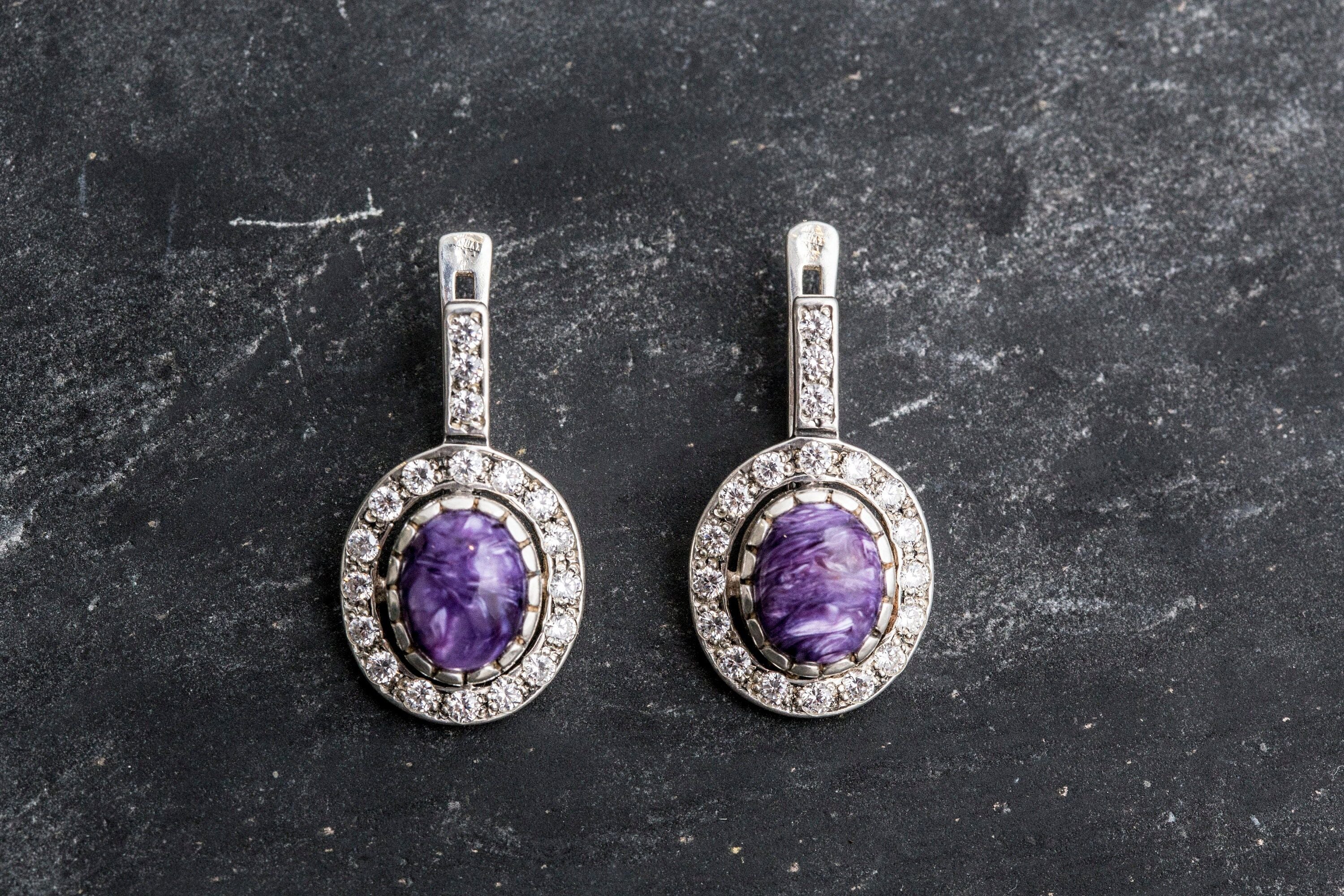 Unique Earrings, Charoite Earrings, Natural Charoite, Vintage Earrings, Scorpio Birthstone, Artistic Earrings, Silver Earrings, Charoite