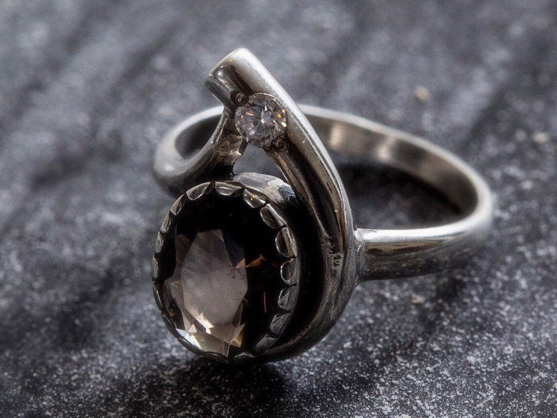 Unique Ring, Smoky Topaz Ring, Topaz Ring, Natural Smoky Topaz, Scorpio Birthstone, Vintage Ring, Solid Silver Ring, CZ Diamond, Smoky Topaz