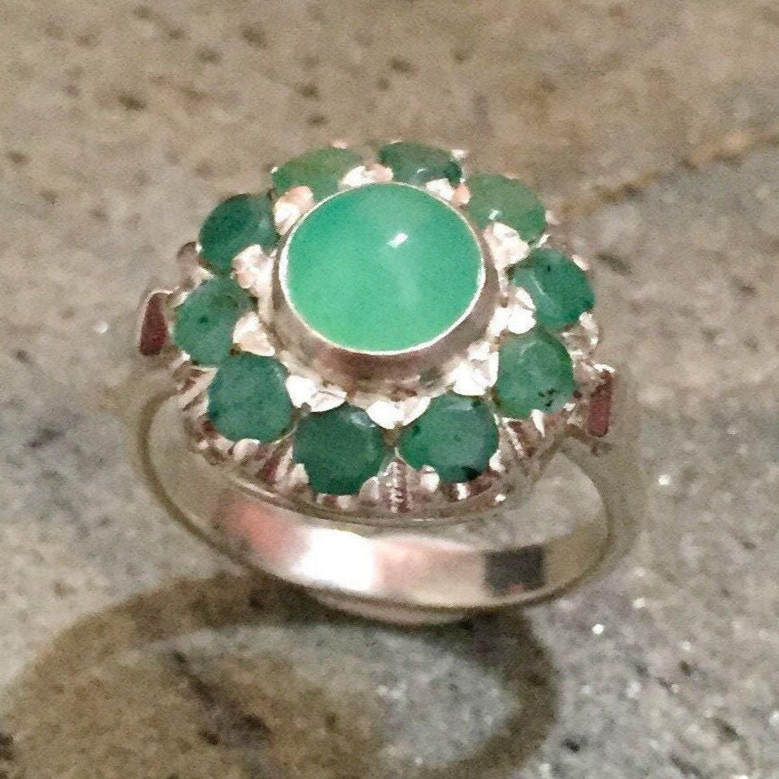 Victorian Ring, Natural Emerald, Chrysoprase Ring, Green Round Ring, May Birthstone, Antique Ring, Vintage Ring, May Ring, 925 Silver Ring