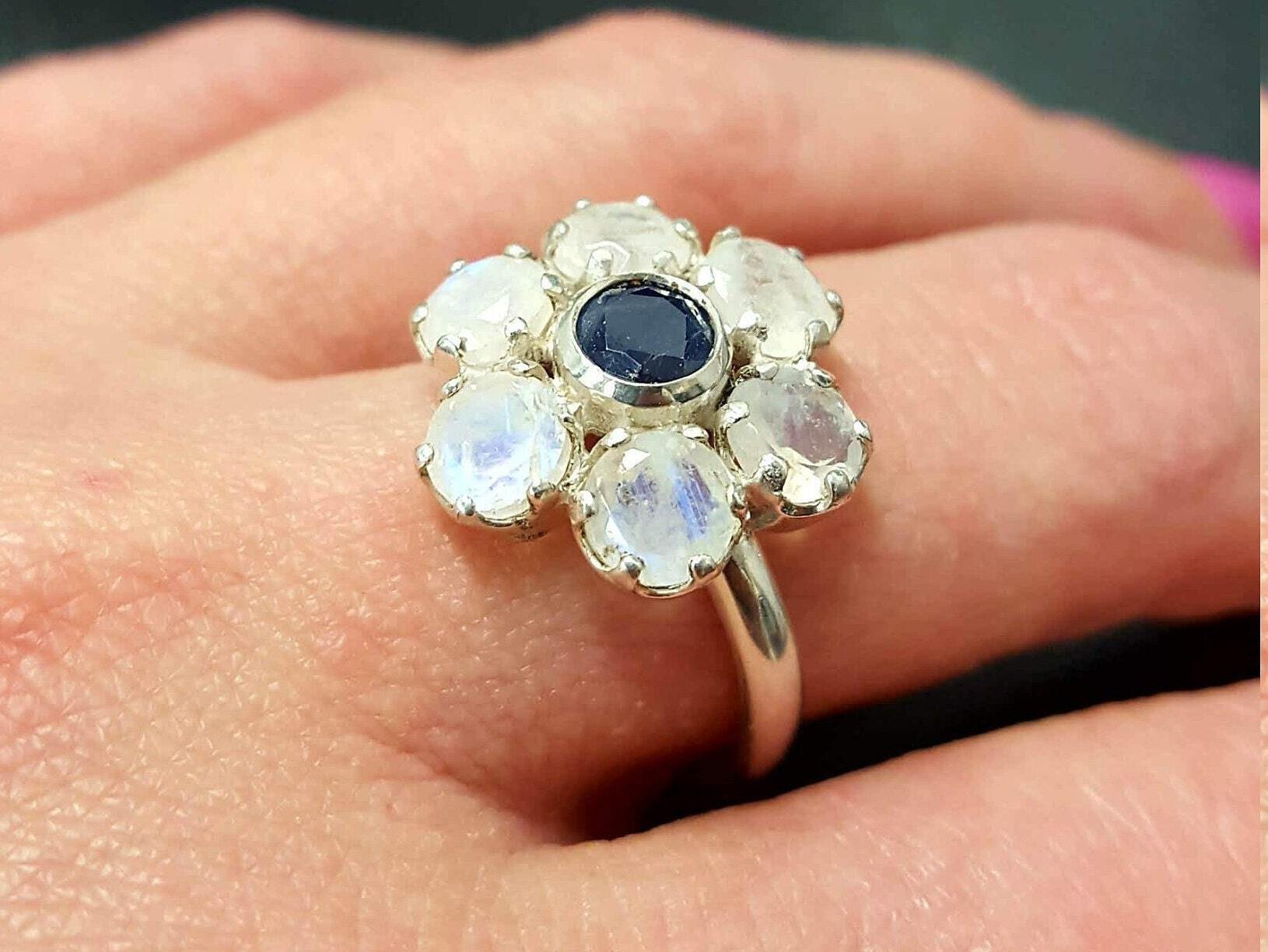 Daisy Ring, Moonstone Flower Ring, Sapphire Ring, Natural Sapphire, Natural Moonstone, Flower Ring, Birthstone Ring, Sterling Silver Ring