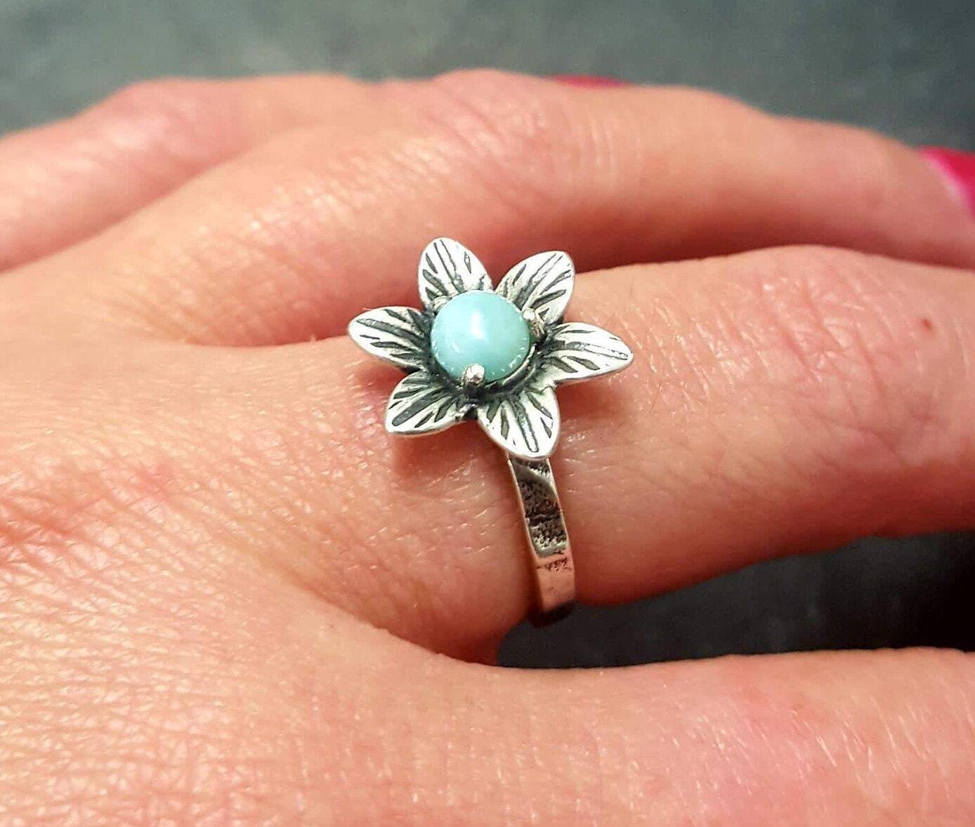 Larimar Ring, Natural Larimar, March Birthstone, Silver Flower Ring, Blue Vintage Ring, Flower Ring, Unique Stone Ring, Solid Silver Ring