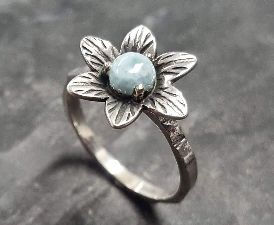 Larimar Ring, Natural Larimar, March Birthstone, Silver Flower Ring, Blue Vintage Ring, Flower Ring, Unique Stone Ring, Solid Silver Ring