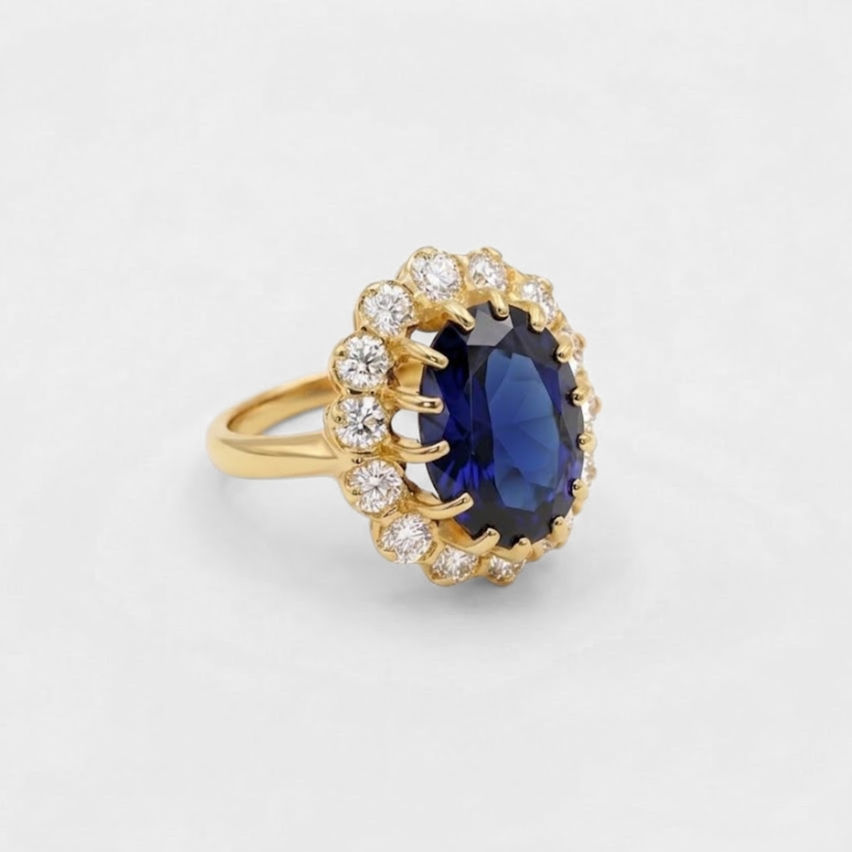 Created Sapphire Ring made in 18k Gold Vermeil with Oval Created Blue Sapphire in Halo setting, September Birthstone gift idea, symbolizes sincerity, truth, and faithfulness, ideal for everyday wear and perfect for birthday gifting and special occasions.