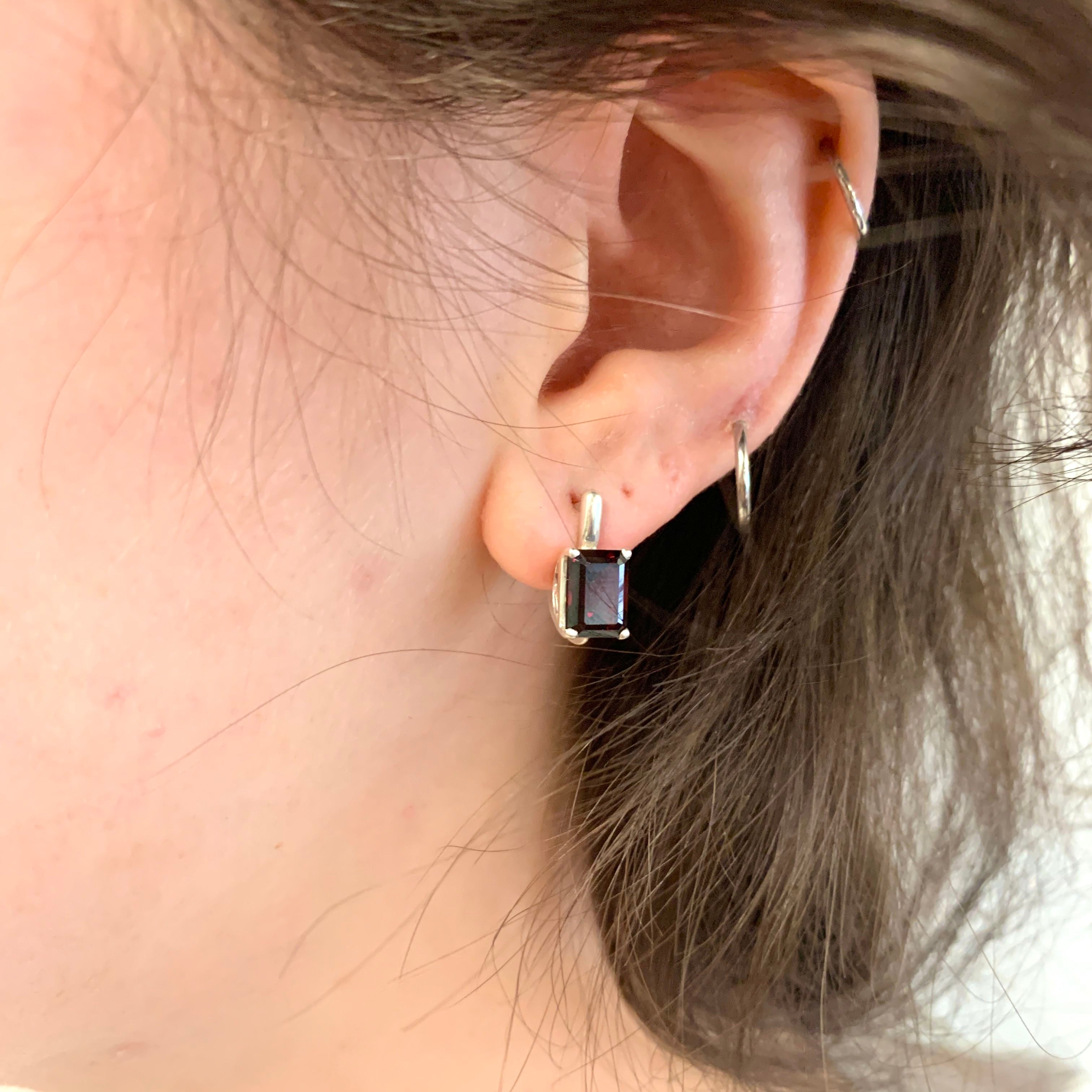Garnet Earrings, Minimalist Earrings, Natural Garnet, Red Garnet Earrings, Solid Silver Earrings, Red Earrings, Emerald Cut Earrings, Garnet