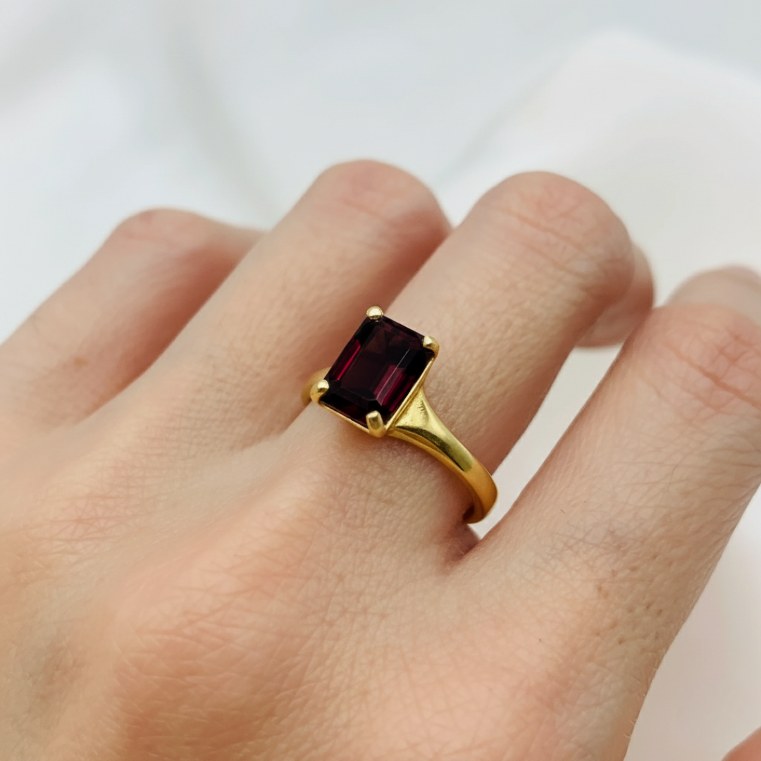 Charming 18k Gold Vermeil Solitaire Garnet Ring, perfect for celebrating love, passion, and January birthdays with style.