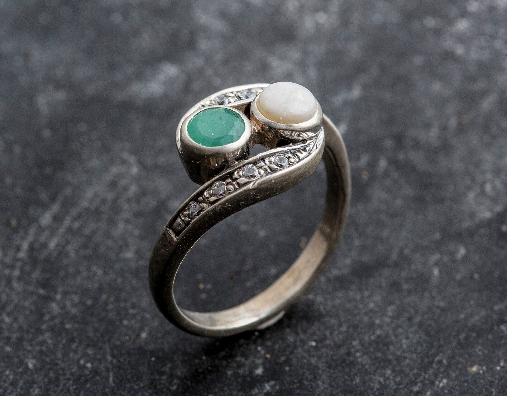 Unique Vintage Ring, Emerald Ring, Opal Ring, Vintage Ring, Bypass Rin