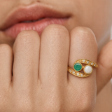 Two Stone Opal Gold Ring, Gold Bypass Ring, Natural Opal Vintage Ring