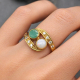 Two Stone Opal Gold Ring, Gold Bypass Ring, Natural Opal Vintage Ring