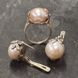 Natural Pearl Ring - Large Pearl Solitaire Ring - Vintage Leaf Ring