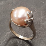 Natural Pearl Ring - Large Pearl Solitaire Ring - Vintage Leaf Ring