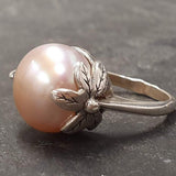 Natural Pearl Ring - Large Pearl Solitaire Ring - Vintage Leaf Ring