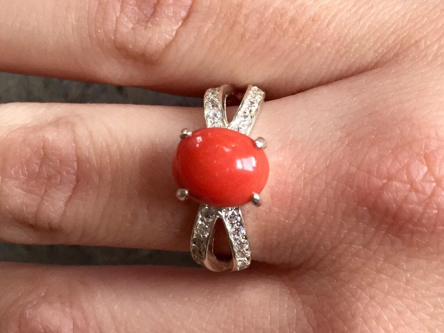 Coral Ring, Promise Ring, March Birthstone, Red Coral Ring, Natural Coral, Anniversary Ring, Double Band, Solid Silver Ring, Pure Silver